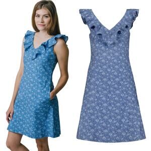 Hope & Henry Organic Cotton Dress Ruffled V Neck Floral Print Blue Womens 8